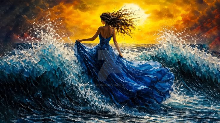 Woman In Blue Gown At Sunset