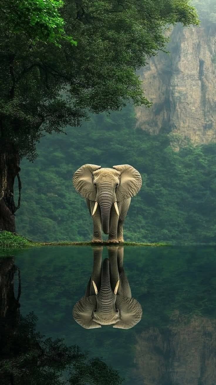Elephant Standing Near Water With A Clear Mirror