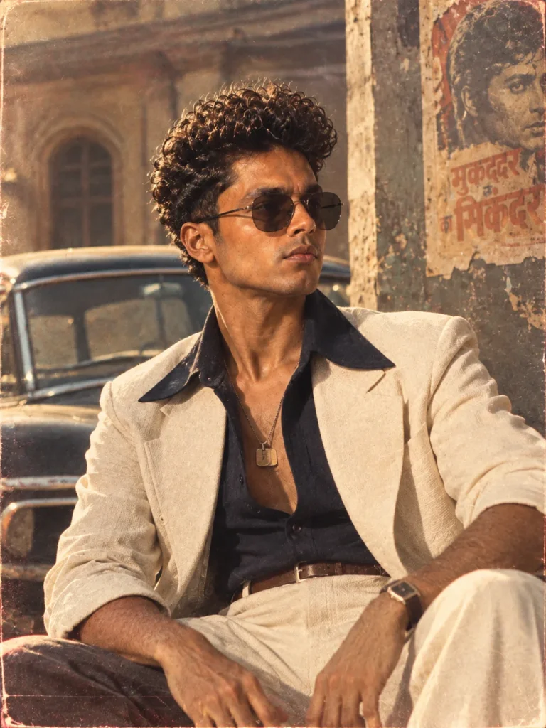 Create a ultra realistic cinematic 1980 retro editorial potrait of a young man