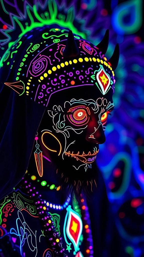 Figure Decorated With Bright, Glowing Neon Patterns