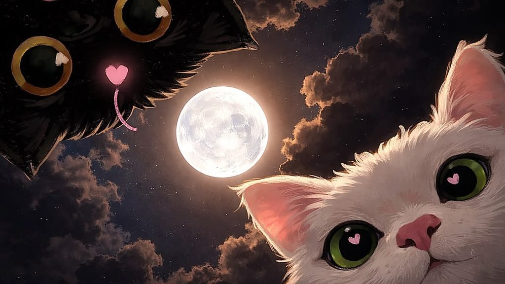  Cat looking Down Against A Night Sky With a Full Moon