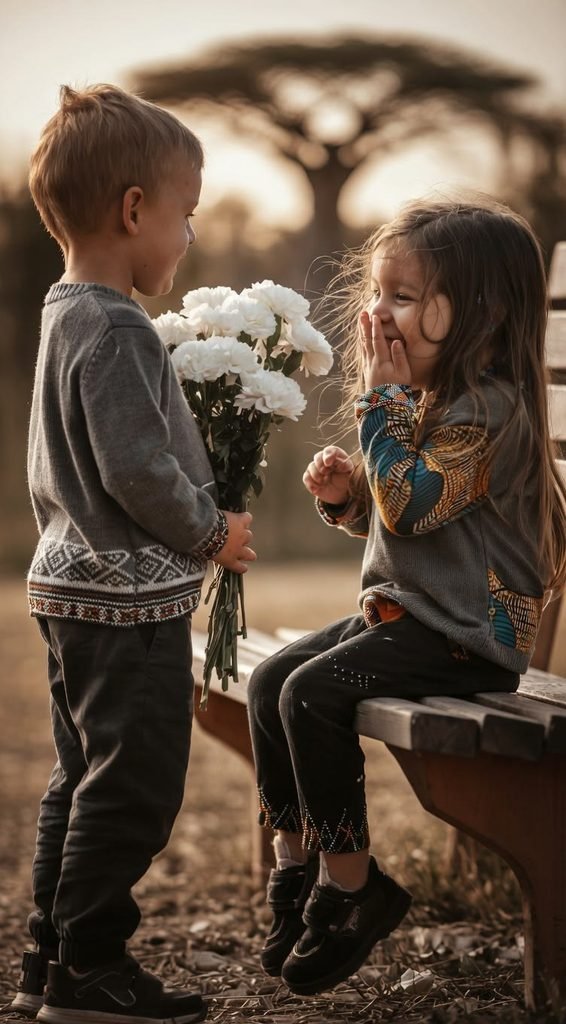 Young Boy Holding A Bouquet Of White Flowers For a Smiling Girl