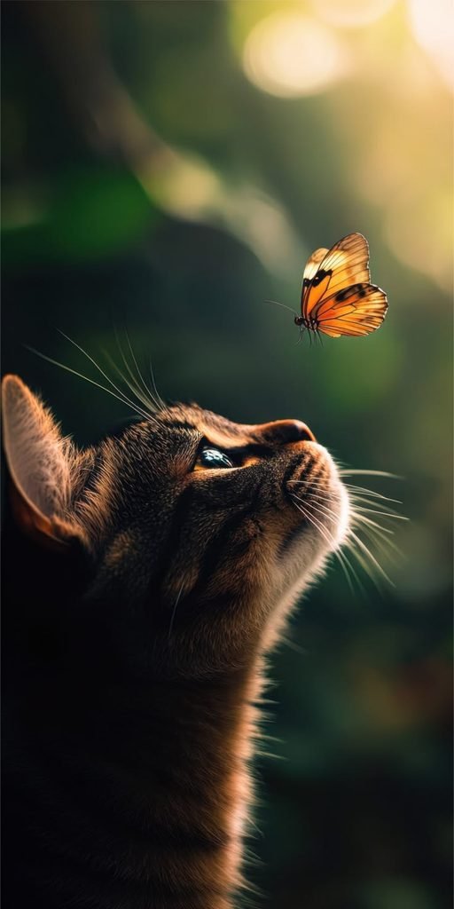 Butterfly With Bright Orange Wings Hovering Near The Cat