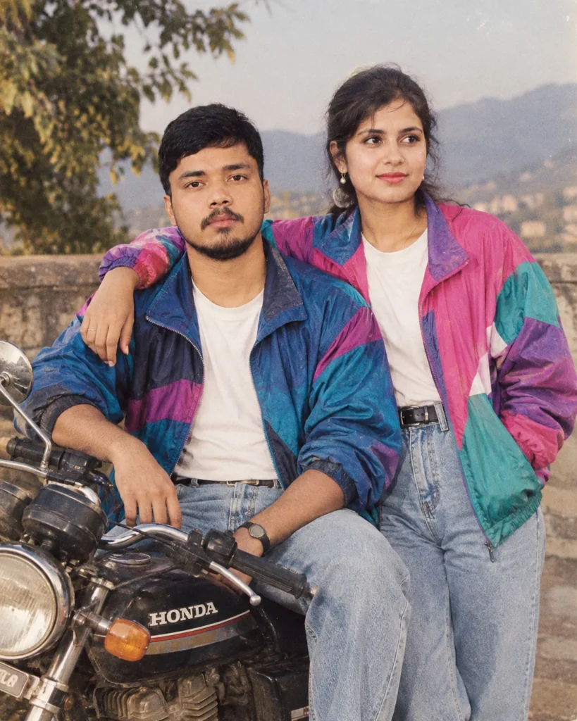Ultra realistic cinematic retro 1980s style couple photograph