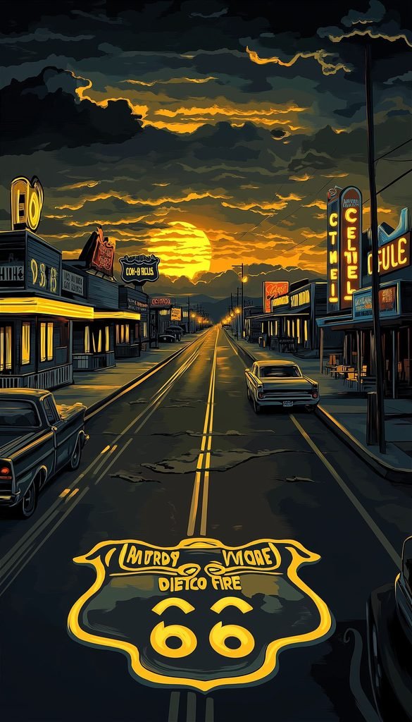 U.S. Route 66 With Glowing Neon Roadside Diner Signs And Vintage Cars.