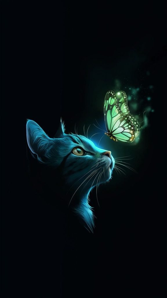 Cat Looking Up At A Glowing Green
