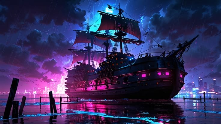 Ship Docked At A Harbor At Night