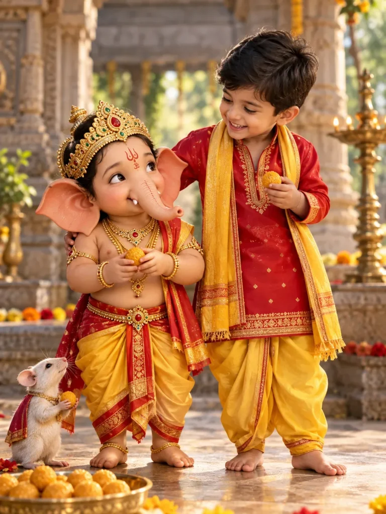 boy with baby ganesha statue – red and yellow traditional attire