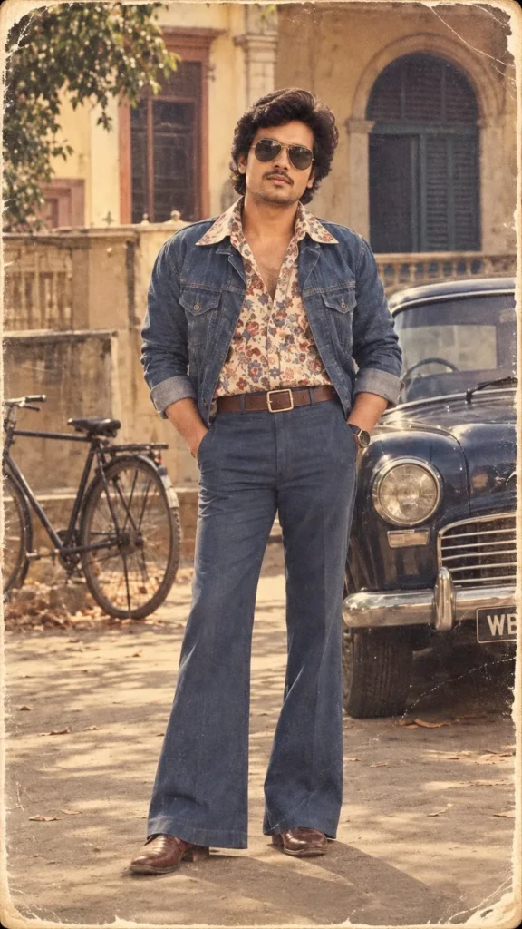 Vintage 1970s Retro Bollywood Male Portrait in Bell-Bottom Jeans & Floral Shirt Prompt