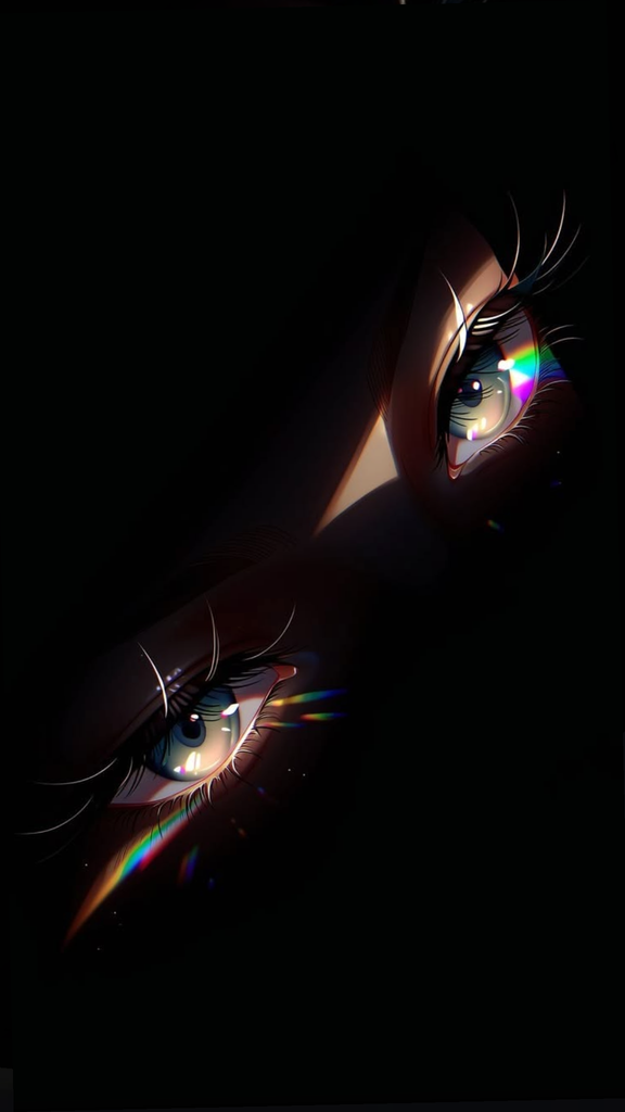 Anime-style eyes catching a vibrant prismatic rainbow light in the dark