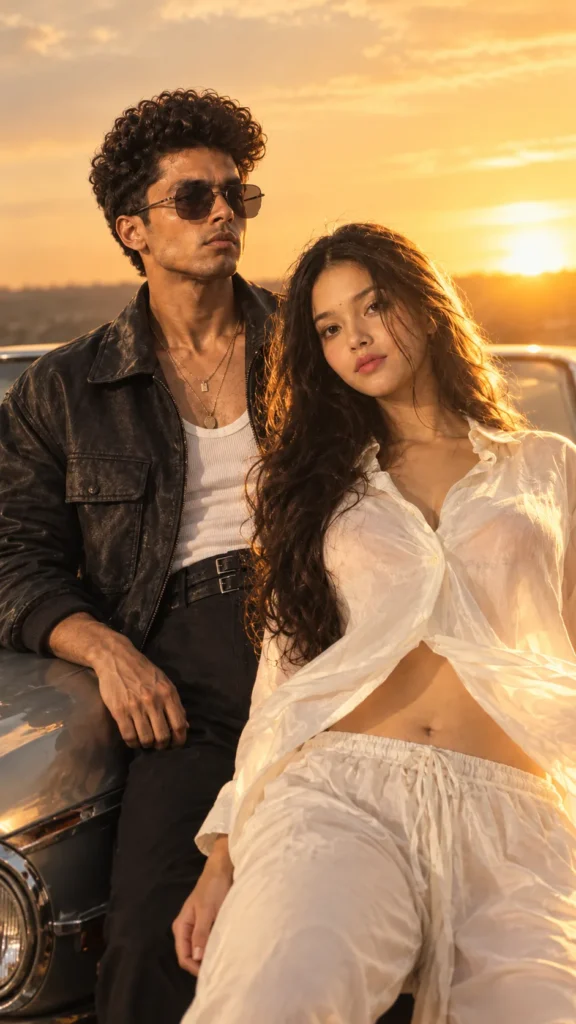 Ultra realistic cinematic golden hour couple portrait