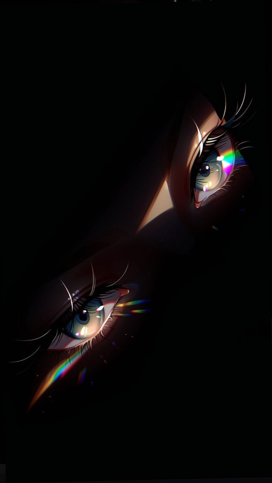 Anime-style eyes catching a vibrant prismatic rainbow light in the dark