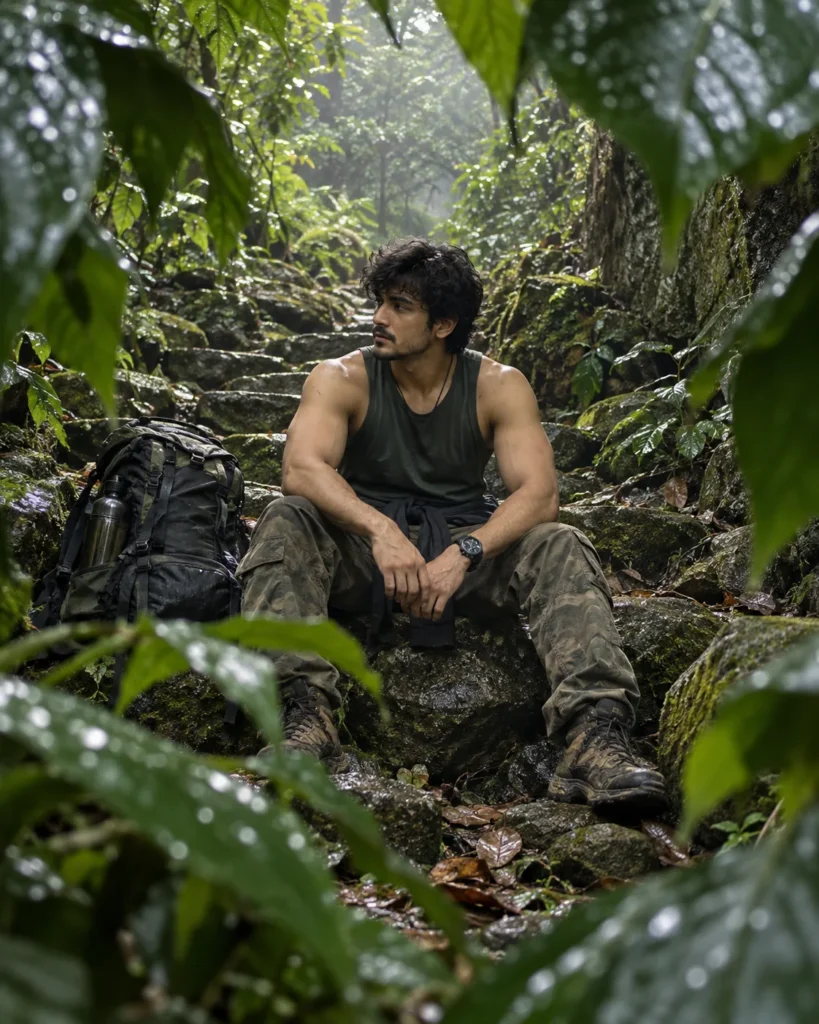 Ultra realistic cinematic portrait of a young man in a forest