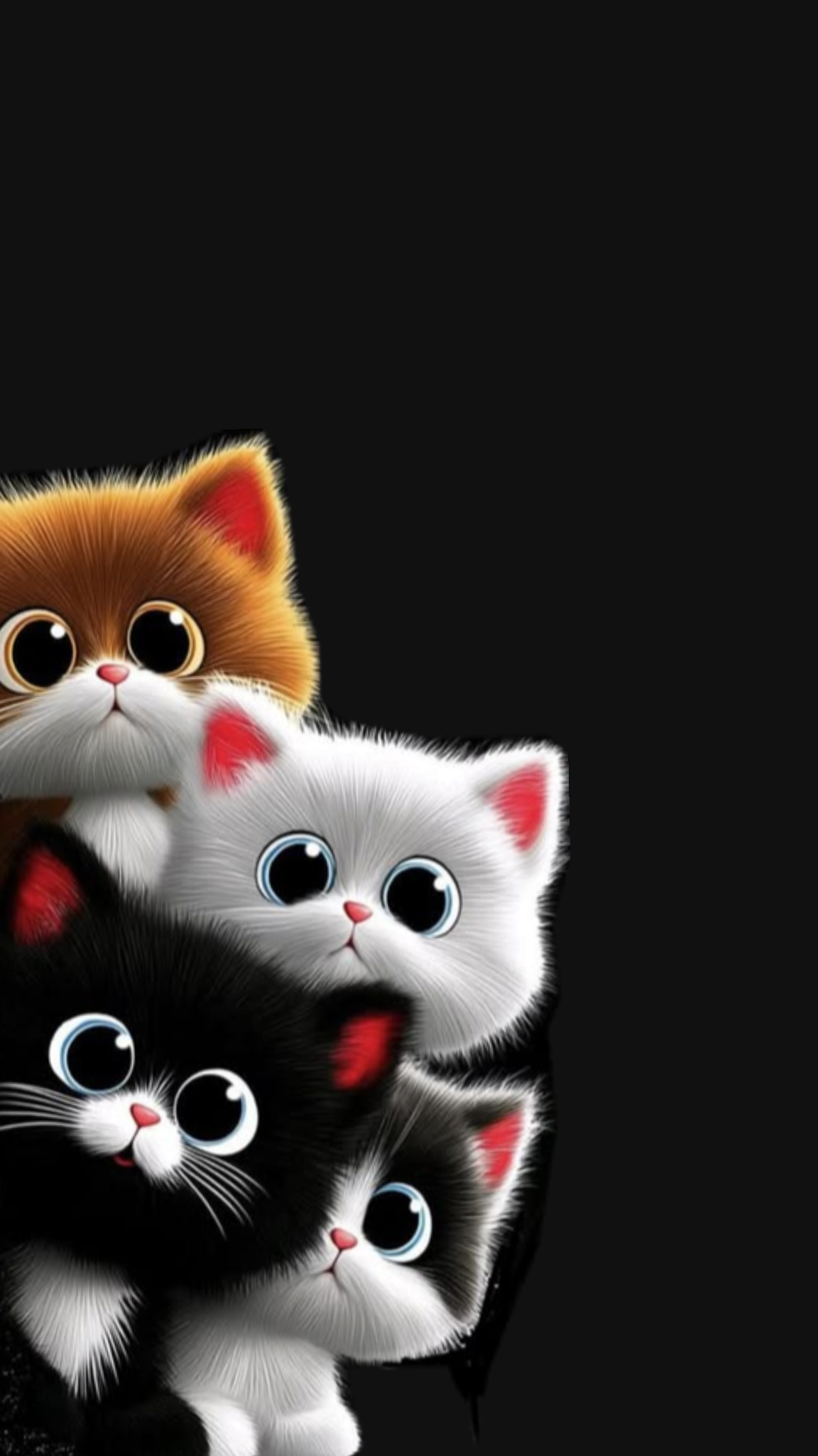 Four adorable, fluffy cartoon kittens peeking out from the dark