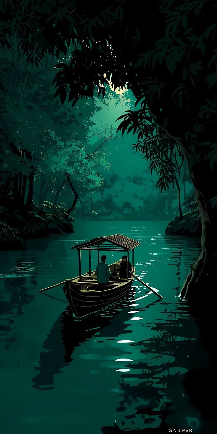 Dark Green River Through A Lush Forest At Night Or Dusk
