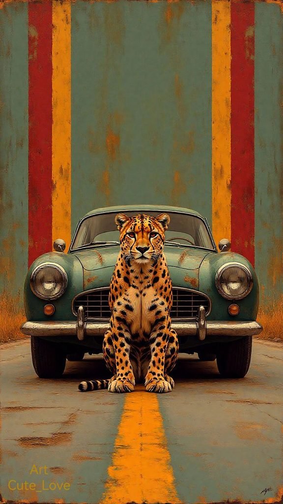 Cheetah Sitting On Road In Front Of A Car