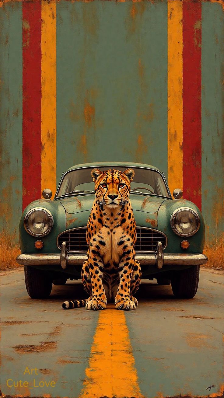 Cheetah Sitting On Road In Front Of A Car