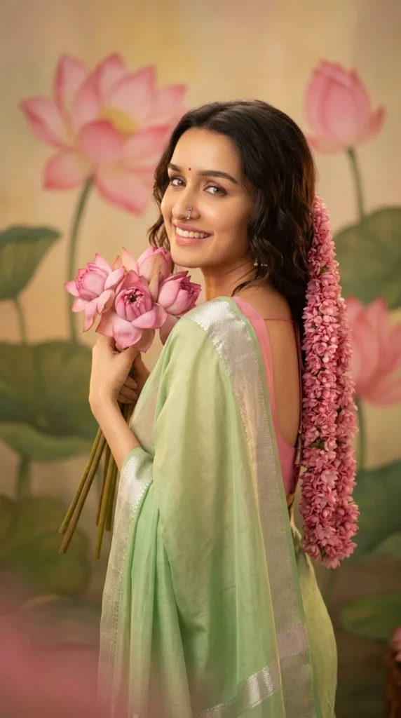 🌸✨ Romantic Lotus Saree Portrait — Vintage Indian Aesthetic Photo Prompt