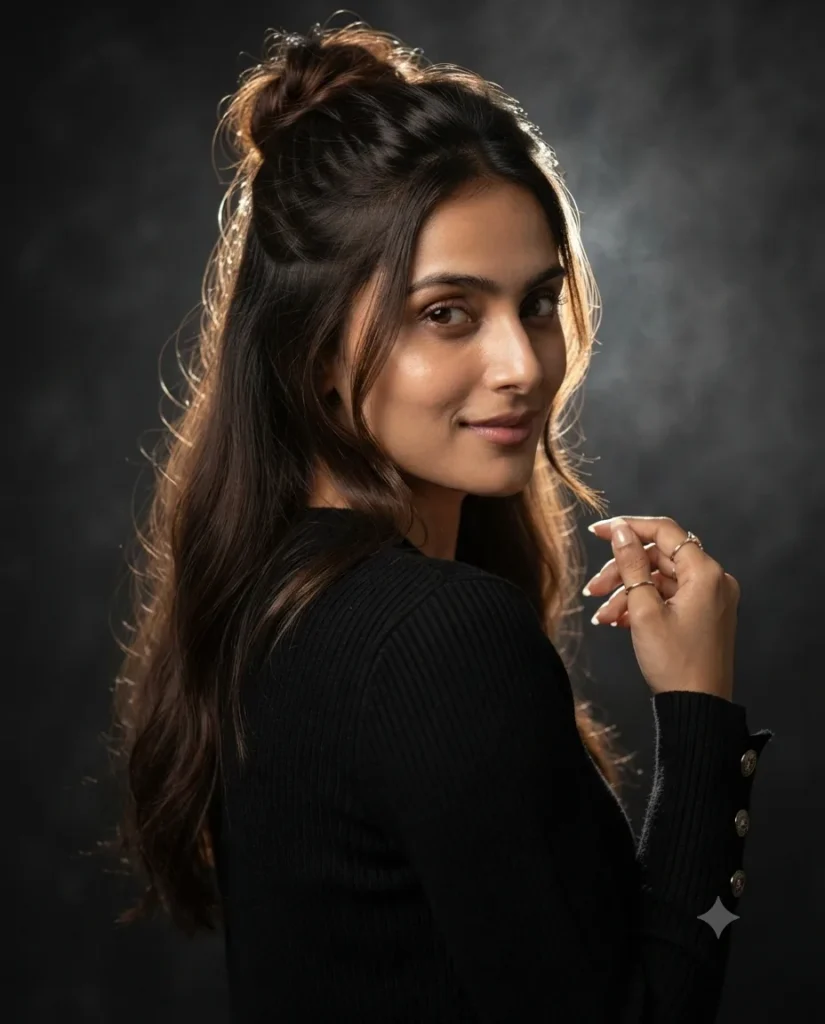 A high end cinematic studio portrait of a young woman
