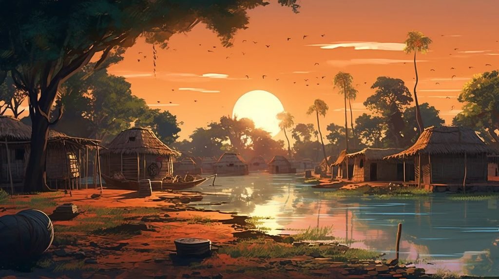 Peaceful Rural Village By The Water at Sunset