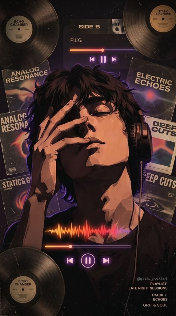 Headphones With Vinyl Records And Audio Playback