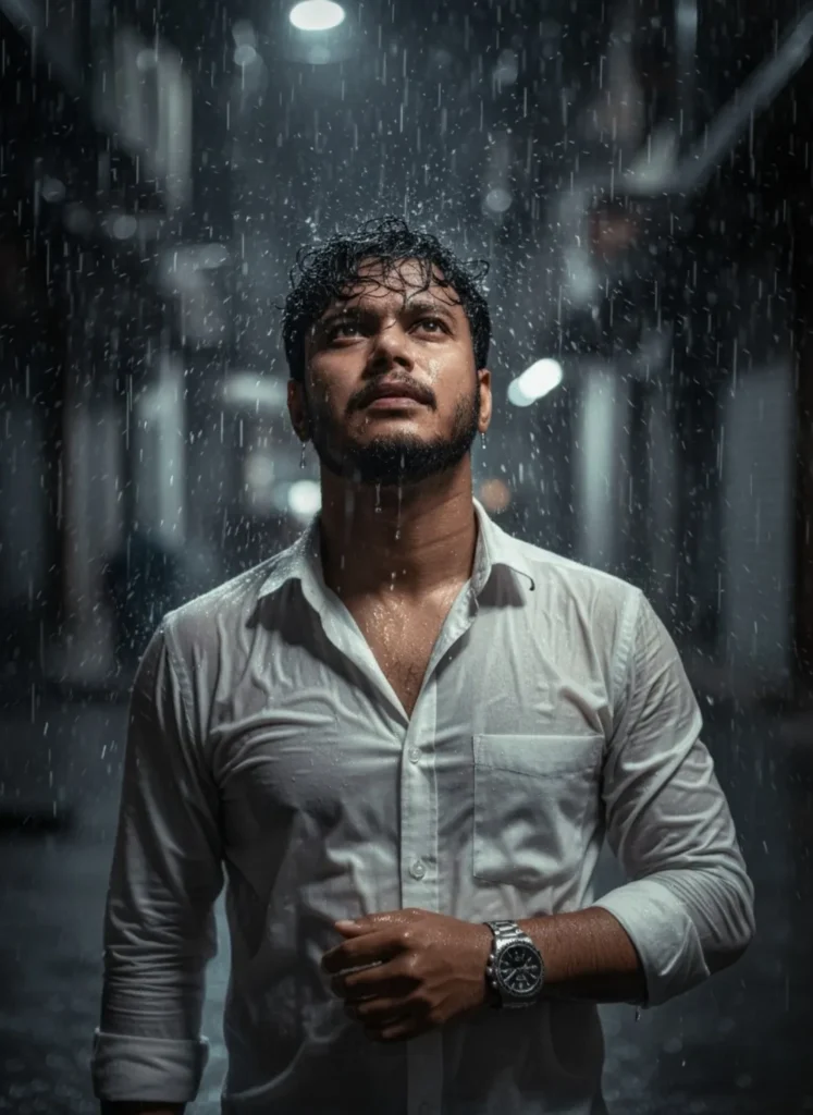 Rain-Soaked Gaze Under Neon Lights