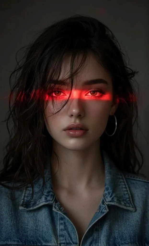 Cinematic Red Laser Eyes Denim Portrait 😍