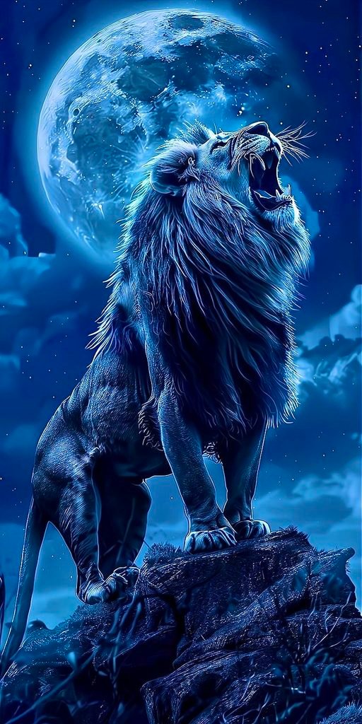 Lion Glowing Blue Full Moon