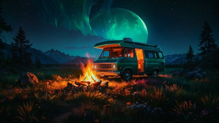 Green Camper Van Parked By A Campfire Under A Starry Night Sky