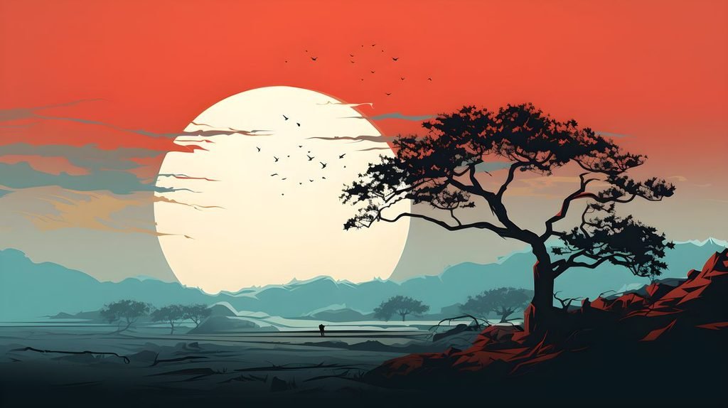 Featuring A Large Pale Sun Against A Vibrant Red And Orange Sky
