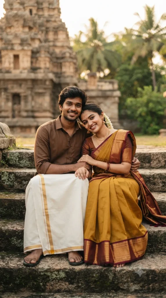 Photorealistic portrait of a young south indian couple sitting