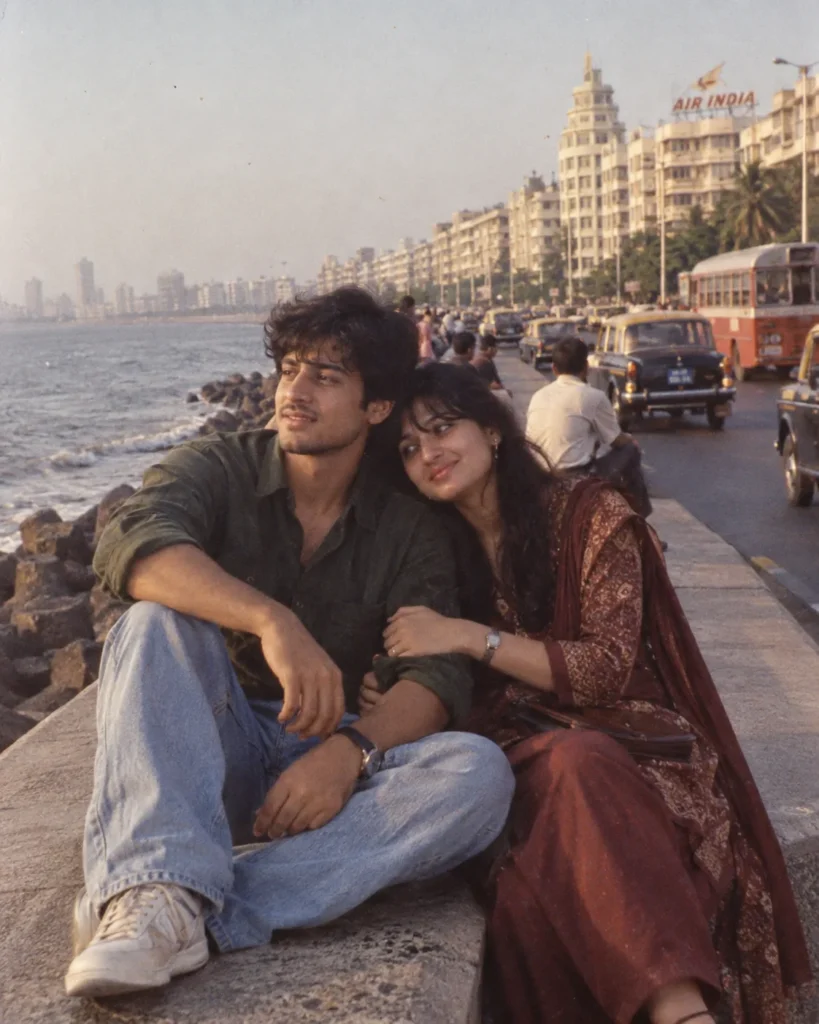 Ultra realistic cinematic 1990s Mumbai couple portrait