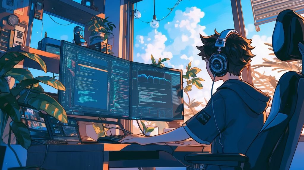 Headphones While Working On Dual Monitors At A Cozy Desk Setup