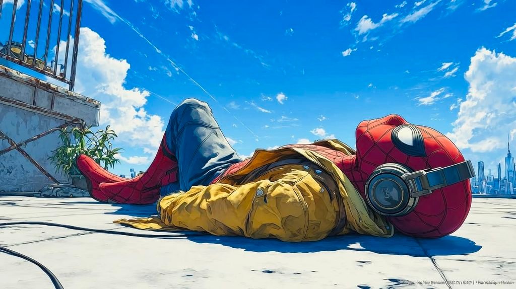 Spider-Man Lying Down On A Sunny Rooftop While Relaxing 