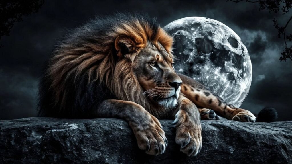 Lion Resting On A Dark Rocky