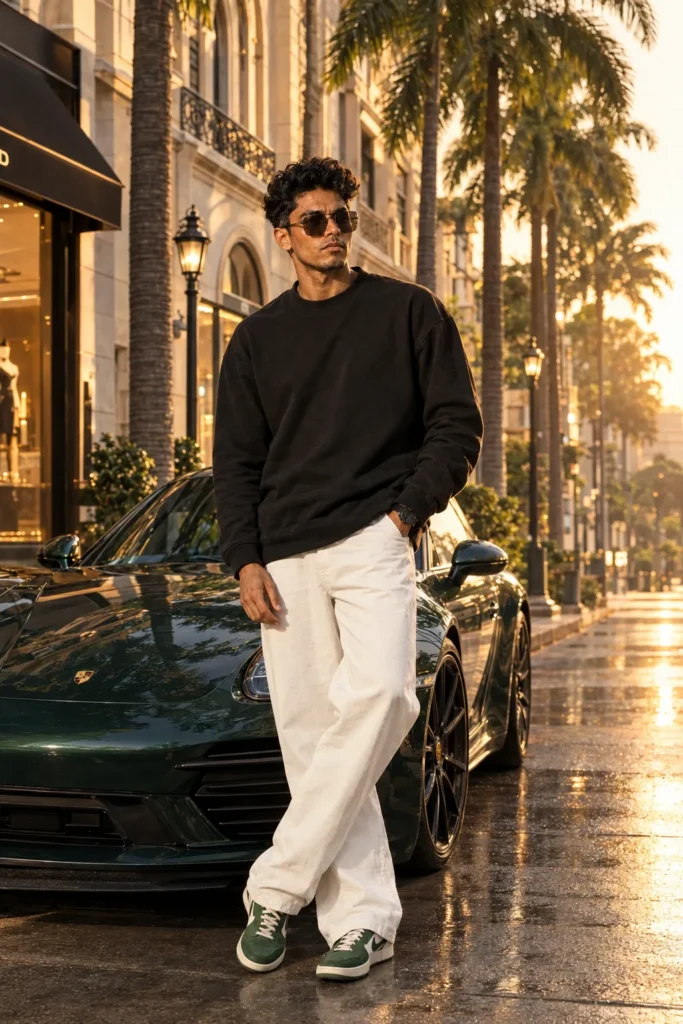 Ultra realistic cinematic full body fashion potrait of a confident young man