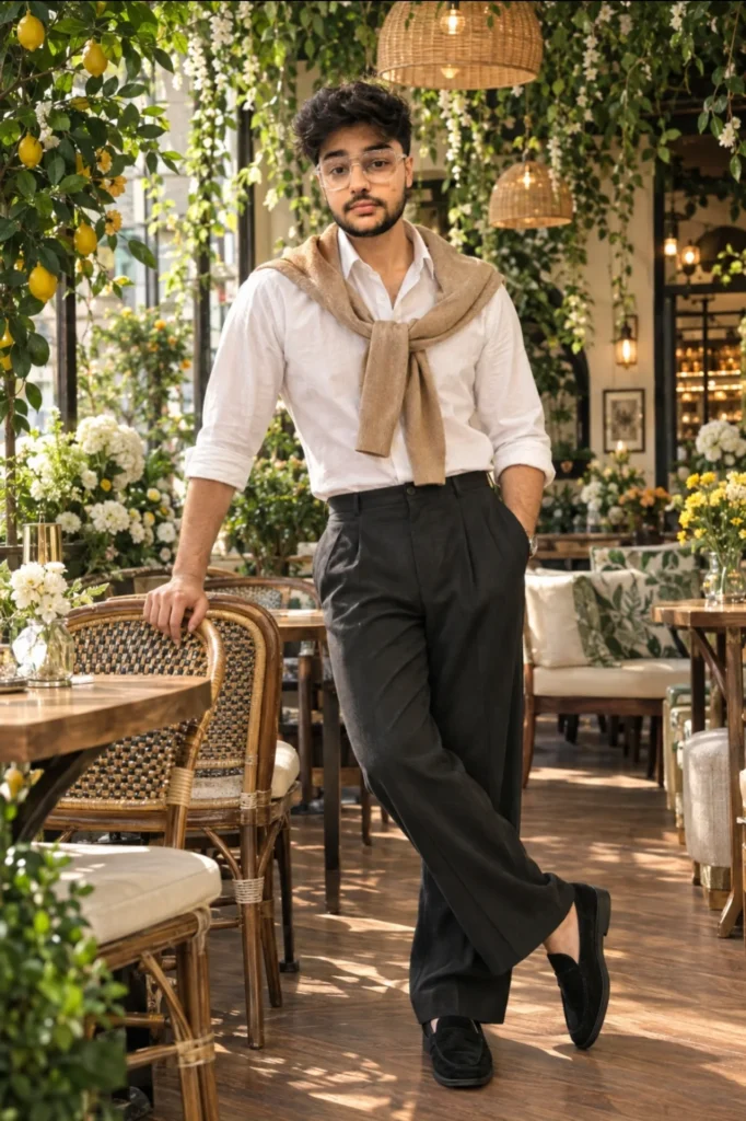 Young male standing inside a cafe