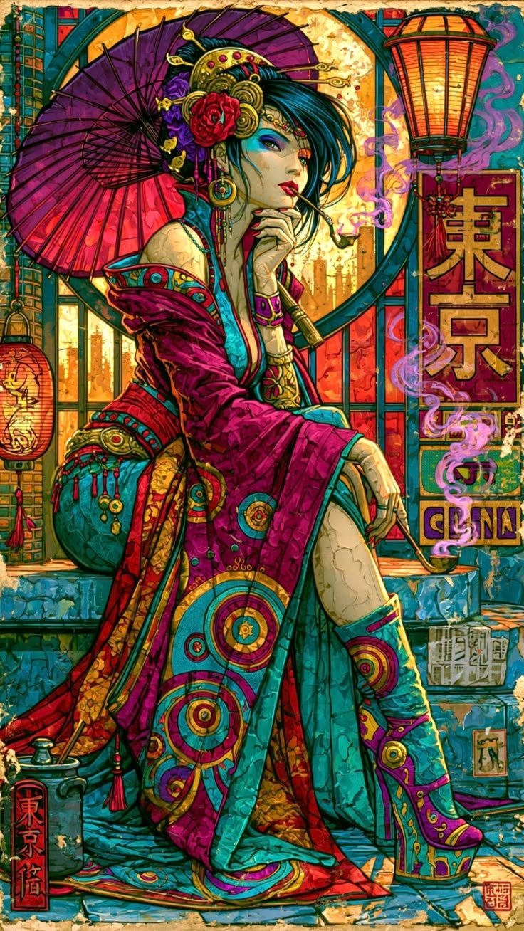 Neon Cyberpunk Geisha Portrait