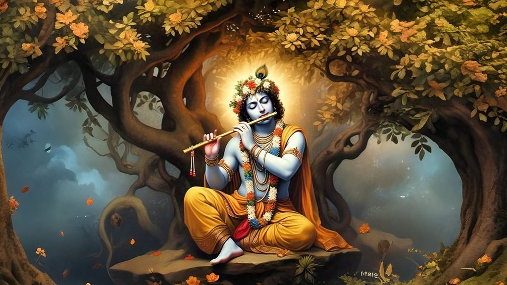 Lord Krishna Playing The Flute Amidst A Tranquil
