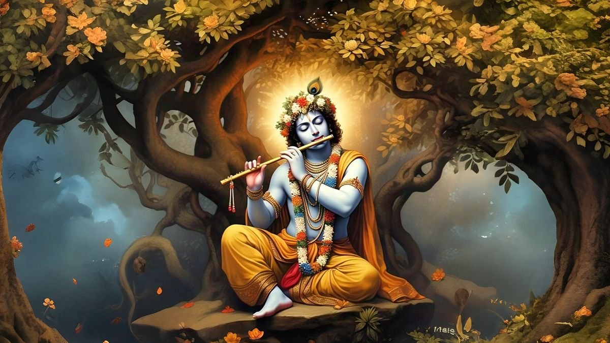 Lord Krishna Playing The Flute Amidst A Tranquil