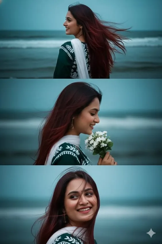 Cinematic Seaside Portrait — Three-Panel Coastal Elegance