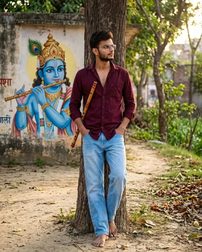 Divine Connection – Man Playing Flute in Front of Krishna Mural at Golden Hour
