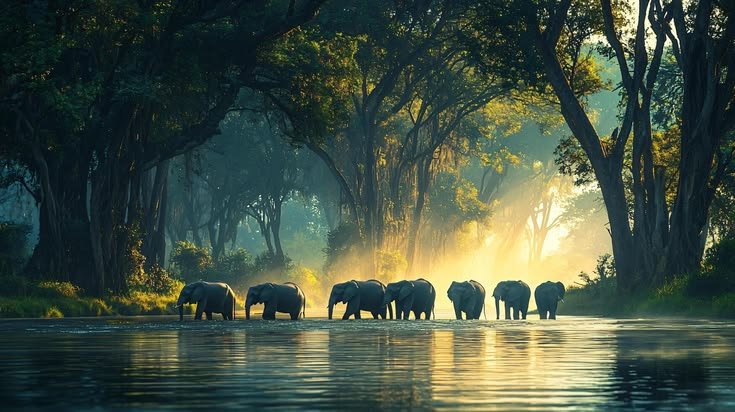 🐘 Elephants Crossing the Forest River