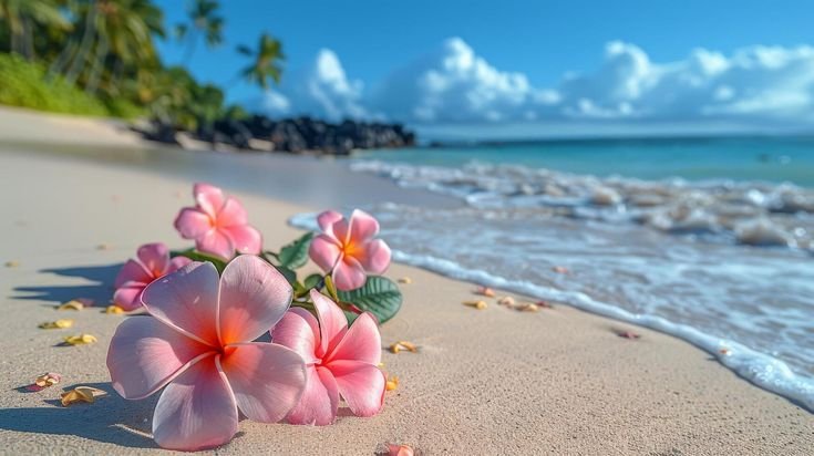 🌺 Pink Flowers on a Tropical Beach