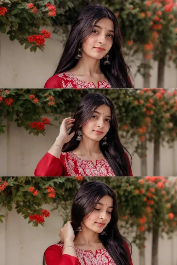 Elegant Female Ethnic Portrait in Crimson Chikankari Kurti with Jhumkas Prompt