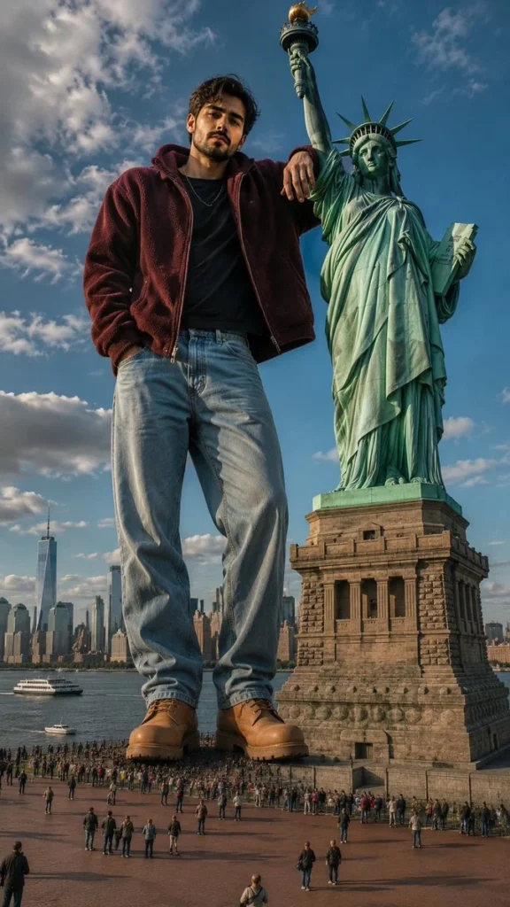 Giant Man by Statue of Liberty