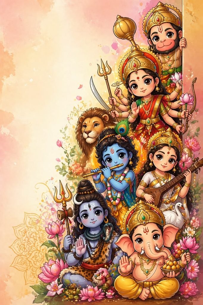 Hindu Gods & Goddesses Divine Family – Colorful Sanatan Dharma Wallpaper