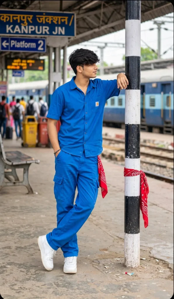 Stylish Outdoor Portrait in Blue Outfit