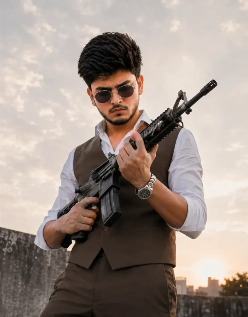Stylish boy inspects rifle