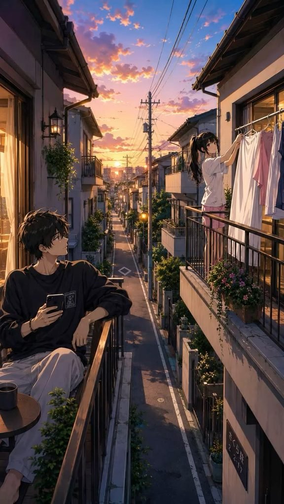 🌇 Anime Sunset Balcony Scene – Cozy Japanese City Aesthetic Wallpaper